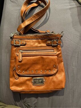 Nine West Brown Leatherette Crossbody Bag with Studded Flap